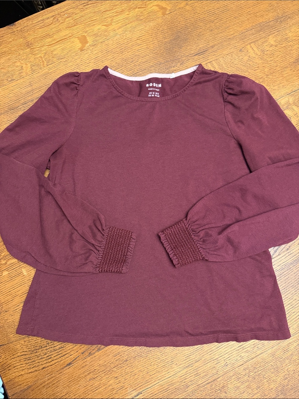 Boden Girl’s Long Sleeve Smocked Cuff Top - Burgundy